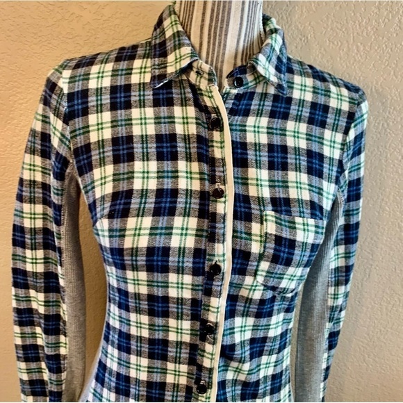 Splendid Flannel Top Small Plaid Cotton Blue Cream Flannel Grey Thermal Panels - Picture 2 of 15